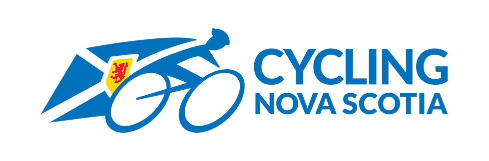 the logo of Cycling Nova Scotia, a blue silhouette of a cyclist with the Nova Scotia flag beside it