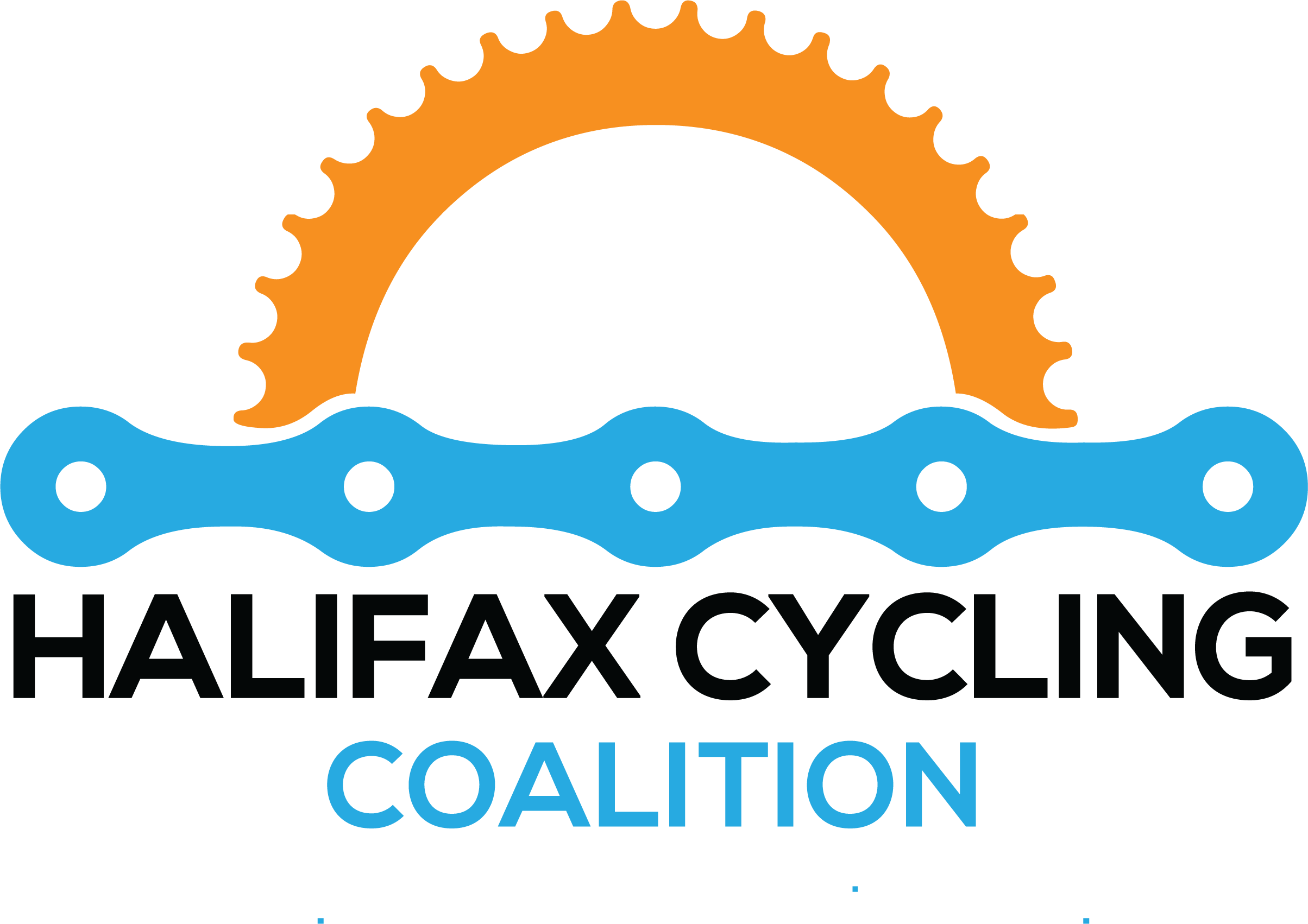 the logo of the Halifax Cycling Coalition, a blue chain with an orange gear over it