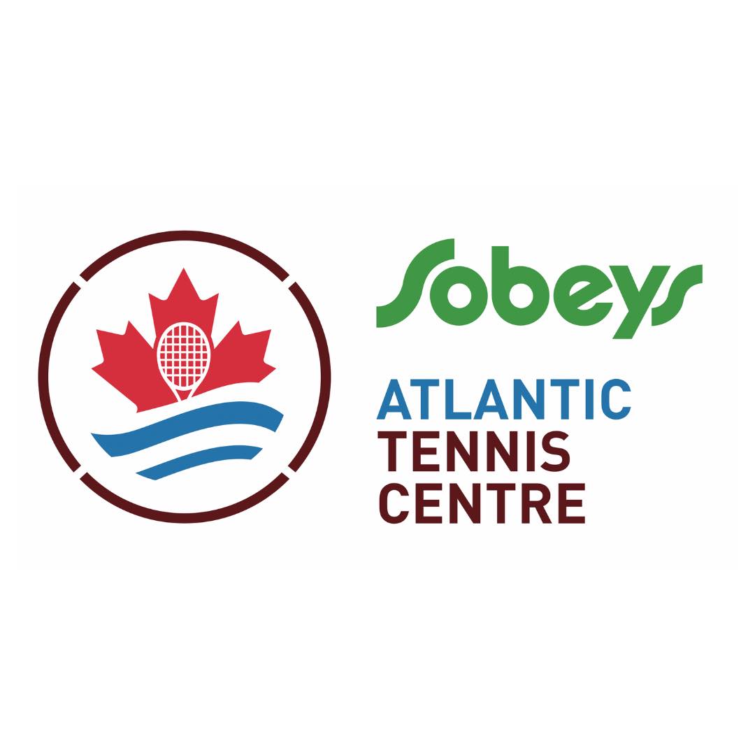 Logo of Sobey's Atlantic Tennis Centre. Within a circle, there is a tennis racquet inside of a Canadian maple leaf with two blue wave-shapes below. Next to the image is the text: Sobey's Atlantic Tennis Centre