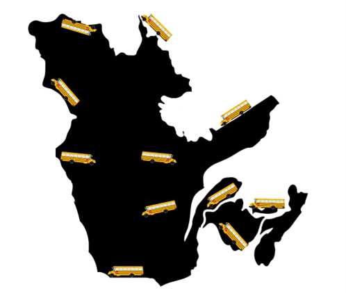 a map of Quebec and the Atlantic provinces with cartoon school buses superimposed