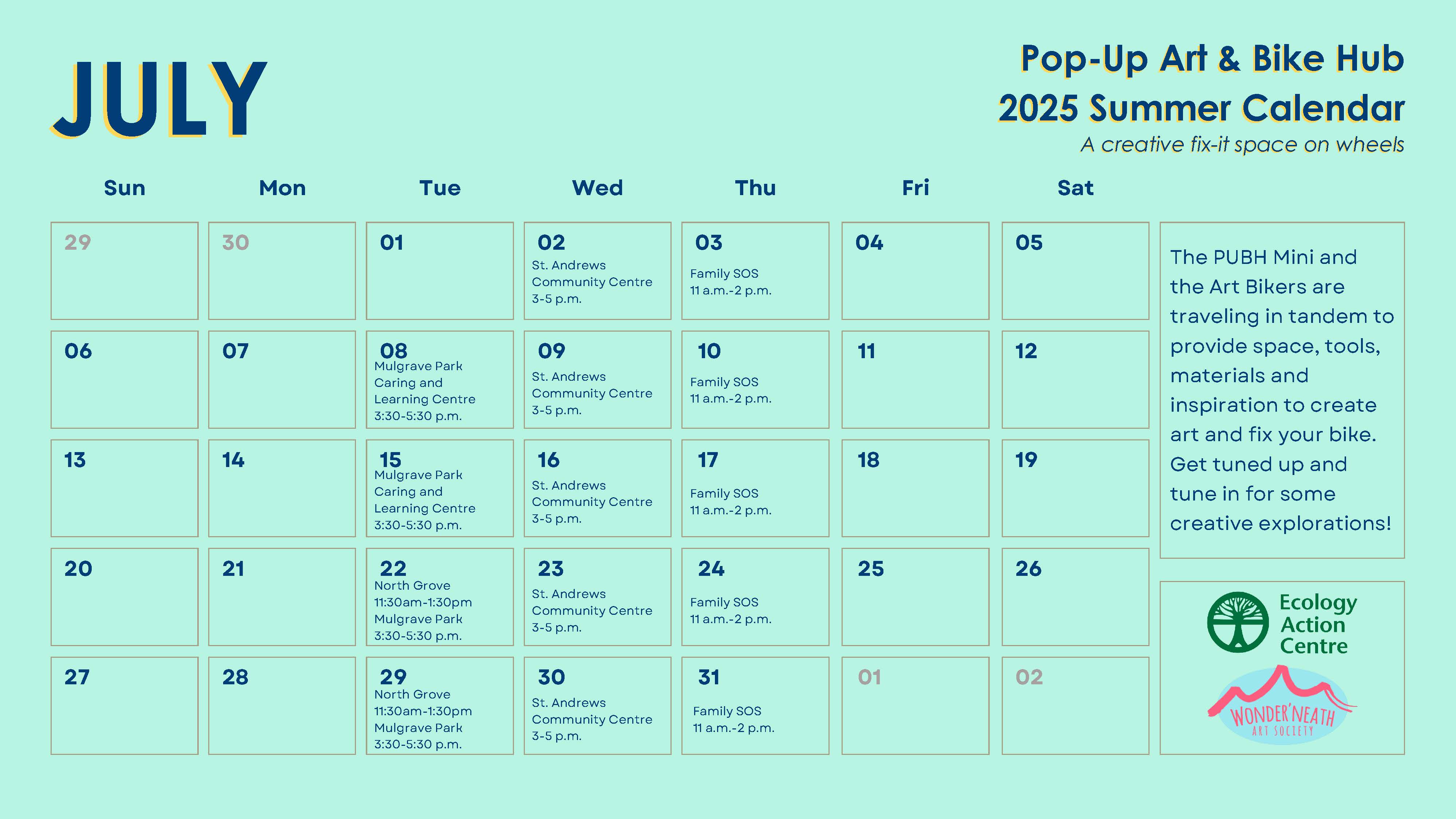 a calendar showing the schedule for the Pop-up Bike Hub mini for July 2025