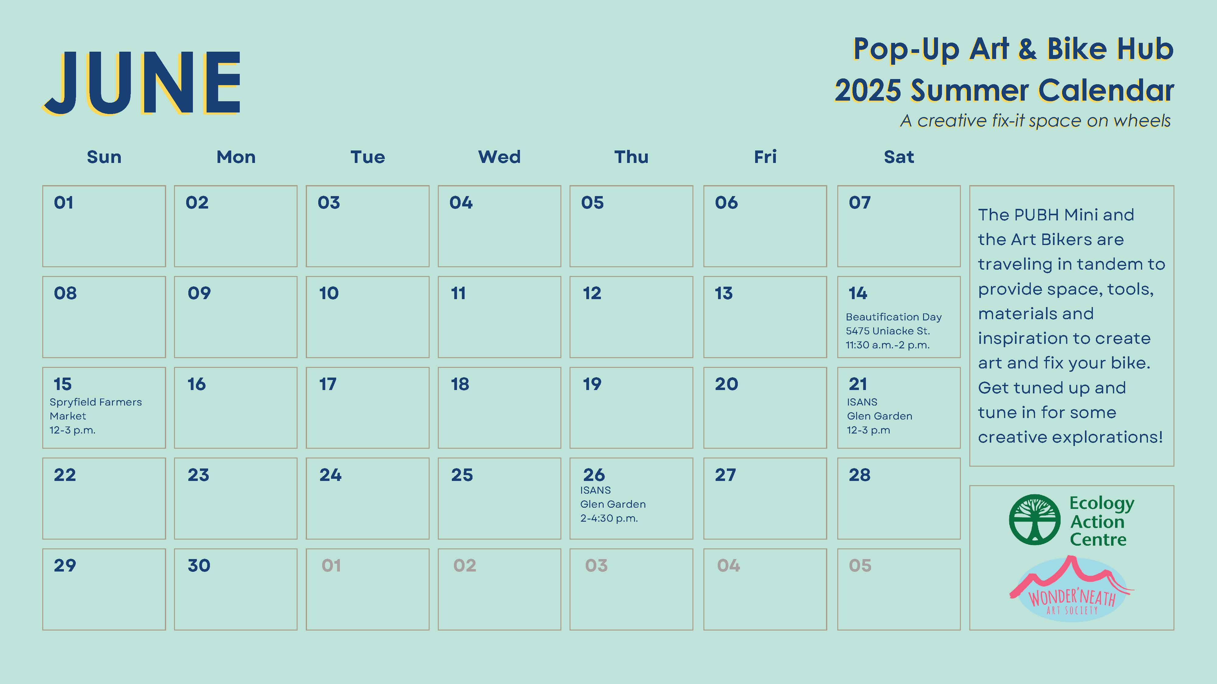 a calendar showing the schedule for the Pop-up Bike Hub mini for June 2025