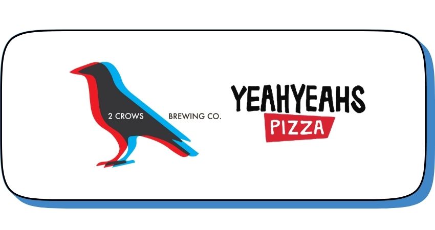 Yeah yeahs pizz and 2 Crows Brewing logos