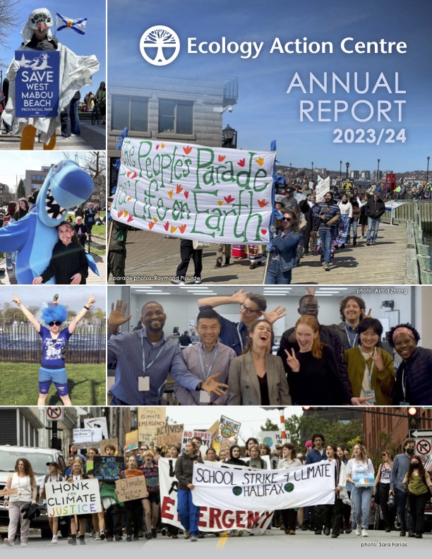 Cover for the 2023-24 Annual Report. Several images from the 2023 People's Parade for Life on Earth, an image of people attending a Green Jobs for All event, and an image of the 2023 School Strike for Climate