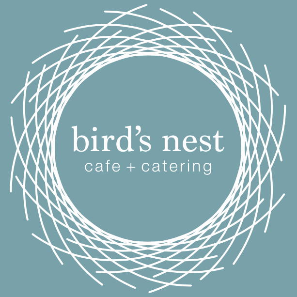 Bird's Nest Cafe Logo. On a baby blue background, there is an outline of a bird's nest from a top-down view. Inside the nest, it says "Bird's Nest Cafe + Catering"