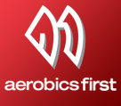A red square that says aerobics first in white letters with a white logo