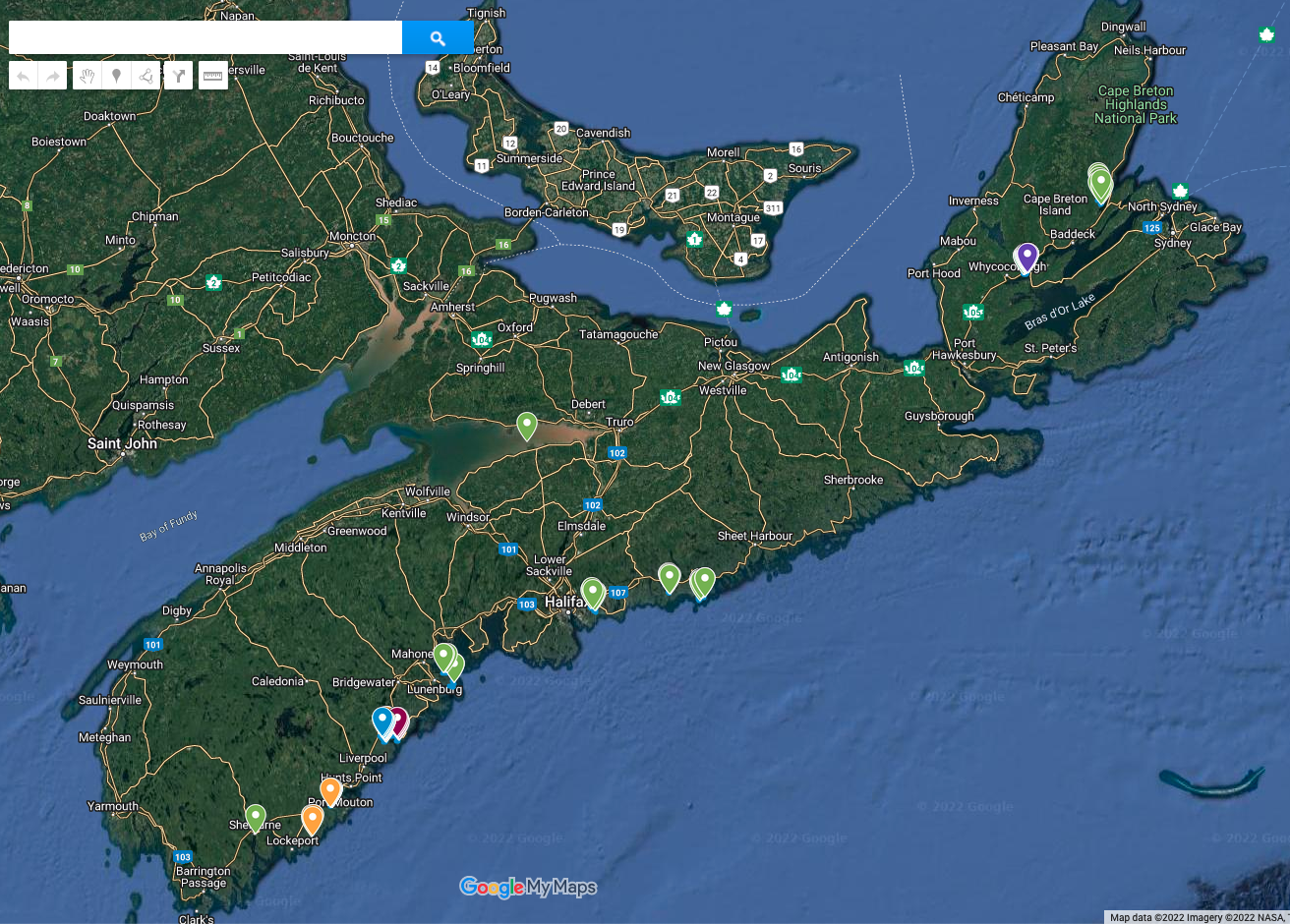 A map of Nova Scotia shows markers at a variety of locations throughout the province