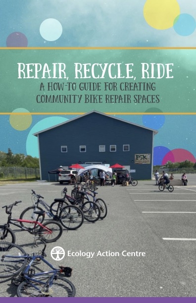 Cover of Community Bike Repair Space How-To Guide, featuring a bicycle repair space and several children riding bikes