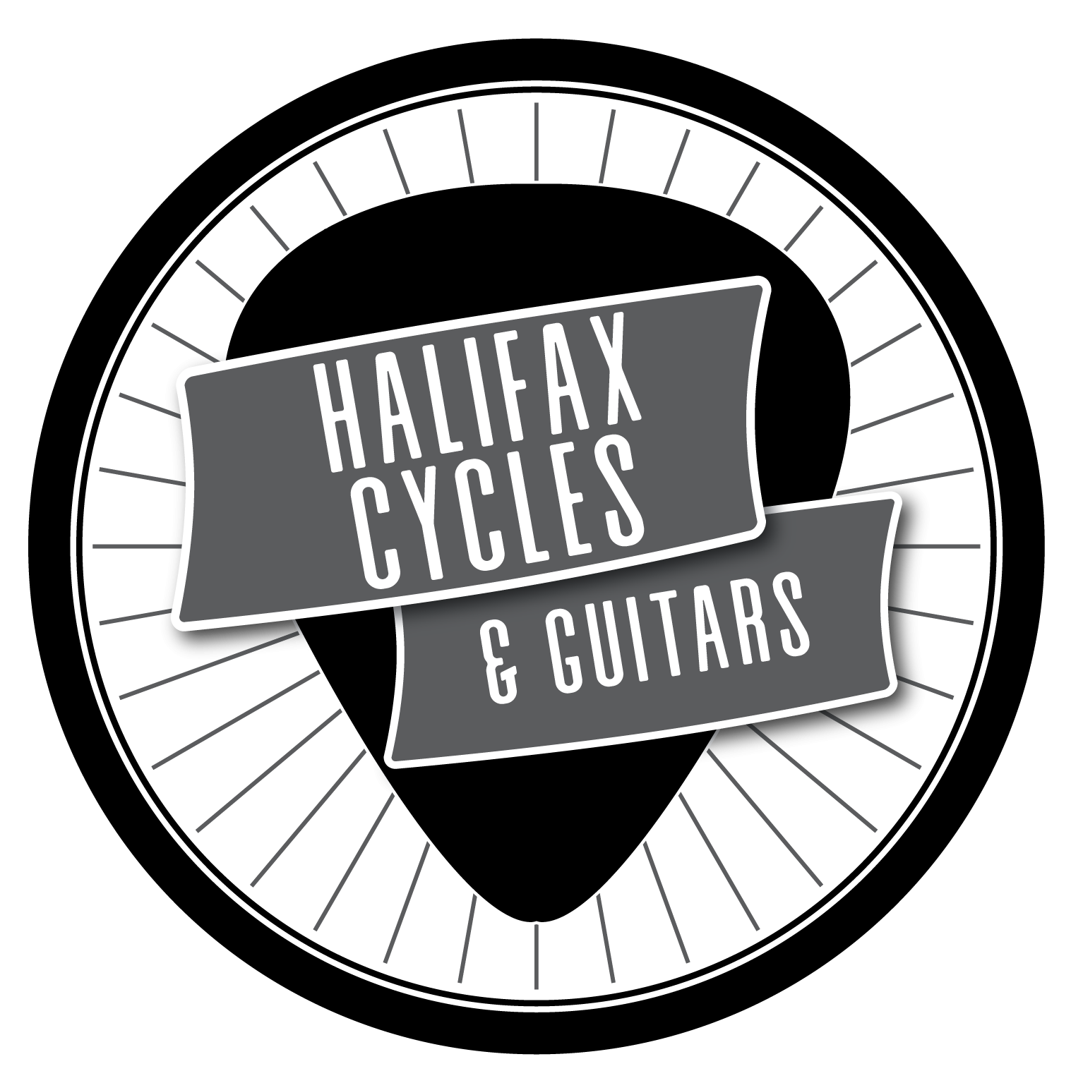 a black and white circle logo that says Halifax Cycles & Guitars