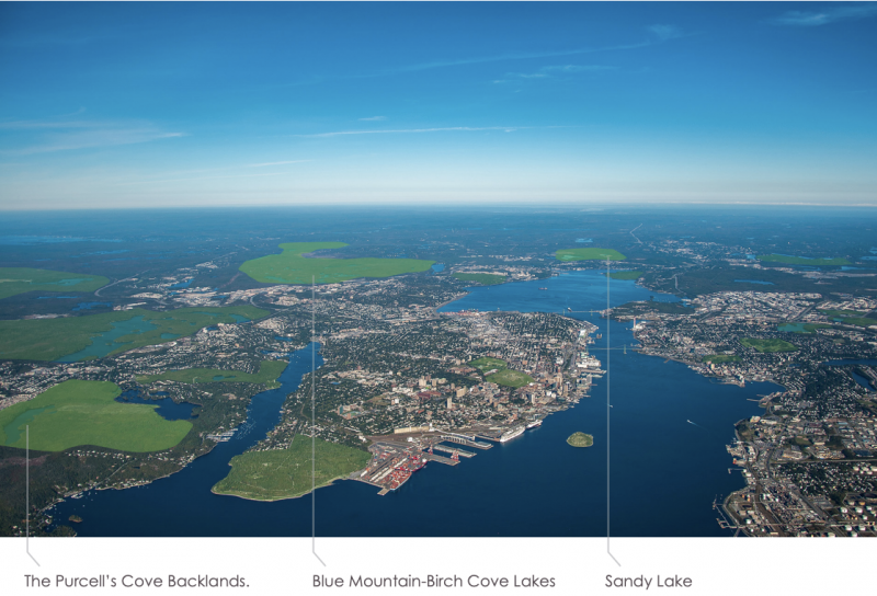 A drone shot of Halifax with thin white lines pointing to protected areas. 