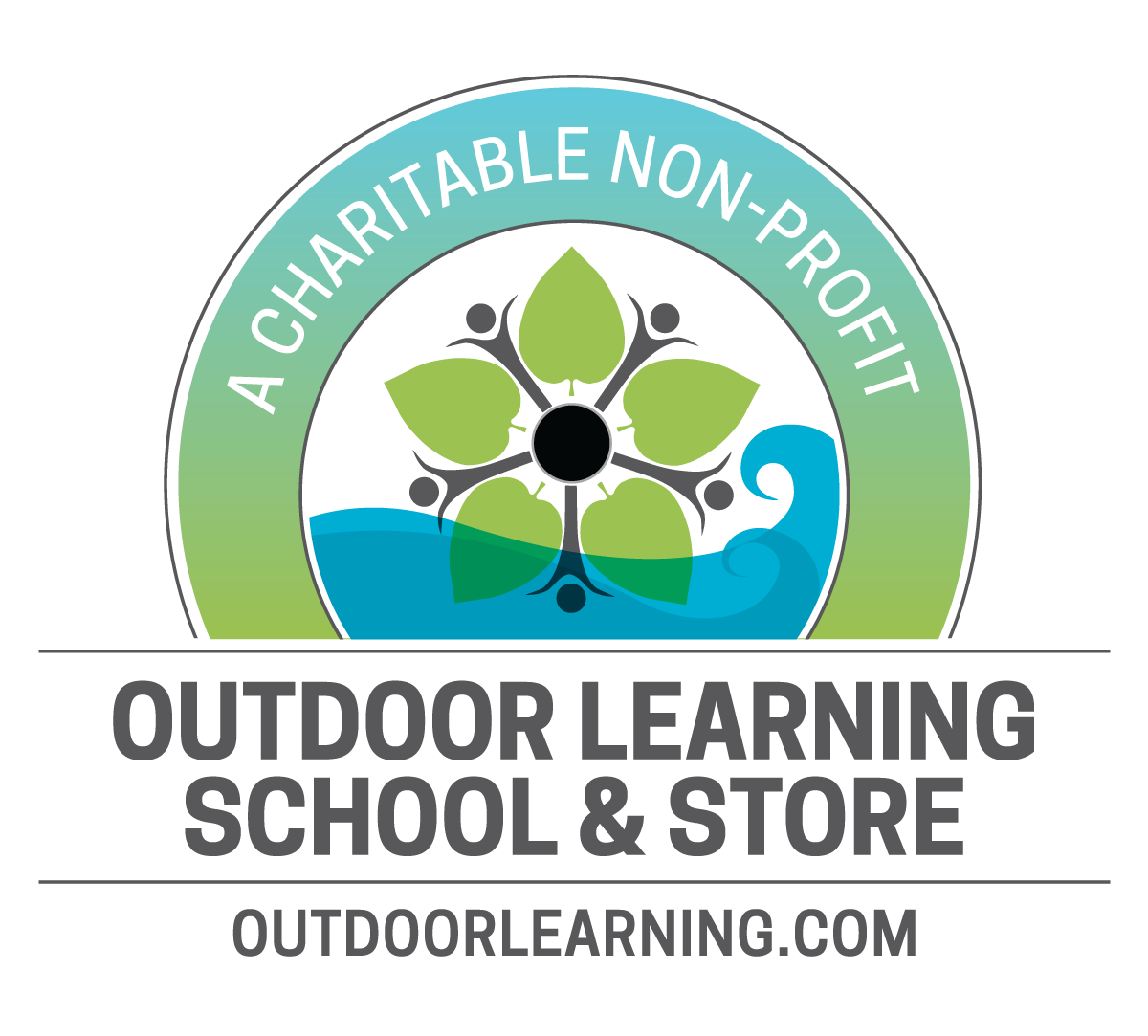 a green, blue and grey logo featuring a flower and water design and the words "outdoor learning, a charitable non-profit"