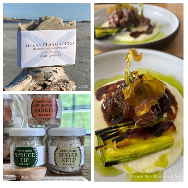 a grid of three images: a bar of kelp soap, three jars of kelp finishing salts, and two canapes made with kelp