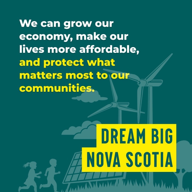 graphic of solar panels and windmills with text that reads "we can grow our economy, make our lives more affordable, and protect what matters most to our communities