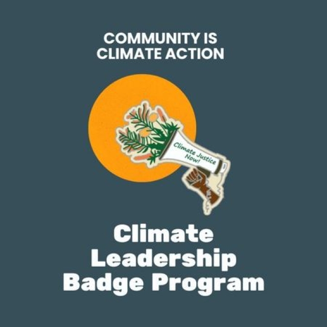 Climate Leadership Badge image on dark grey and orange background