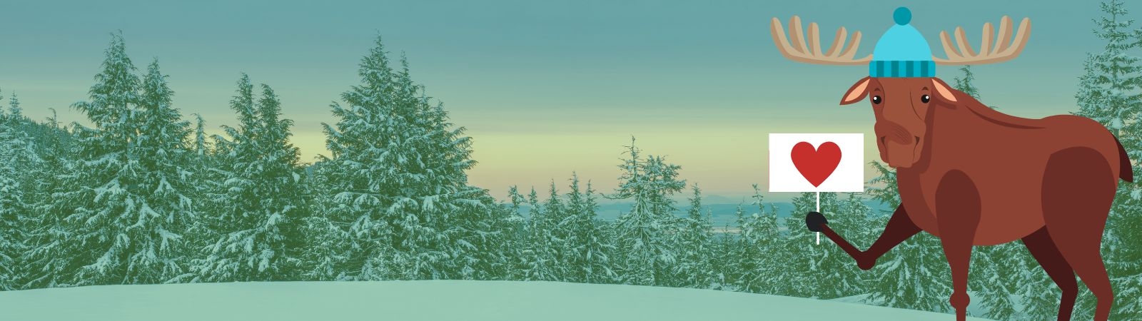 a snowy forest with a cartoon moose in the foreground, holding a sign with a heart on it 