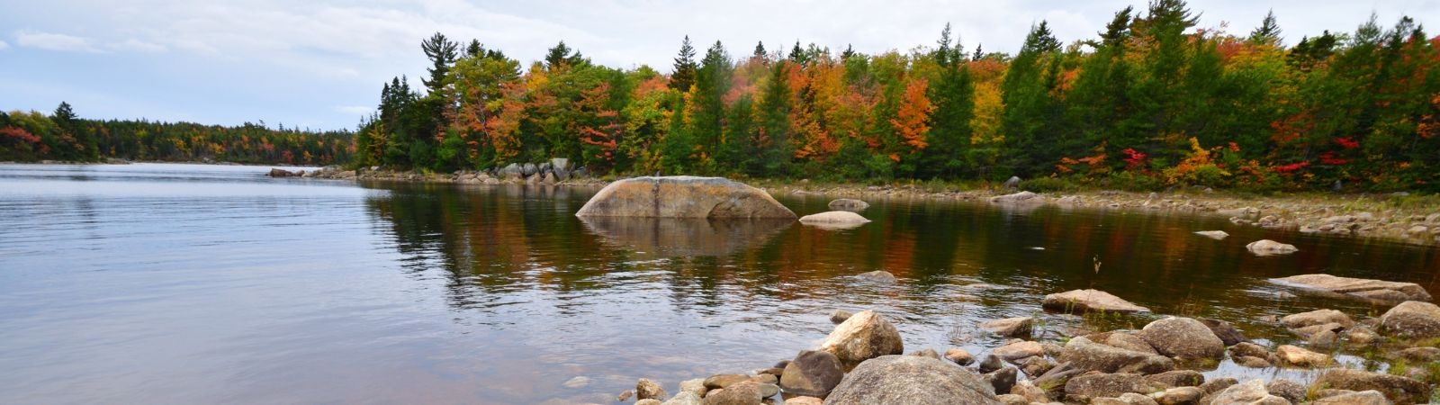a lake with trees, their leaves turning orange and red, in the background