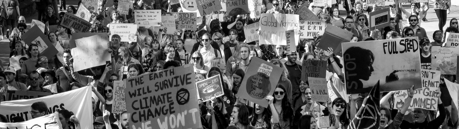 black and white image of thousands of people marching in the 2019 climate strike in Halifax