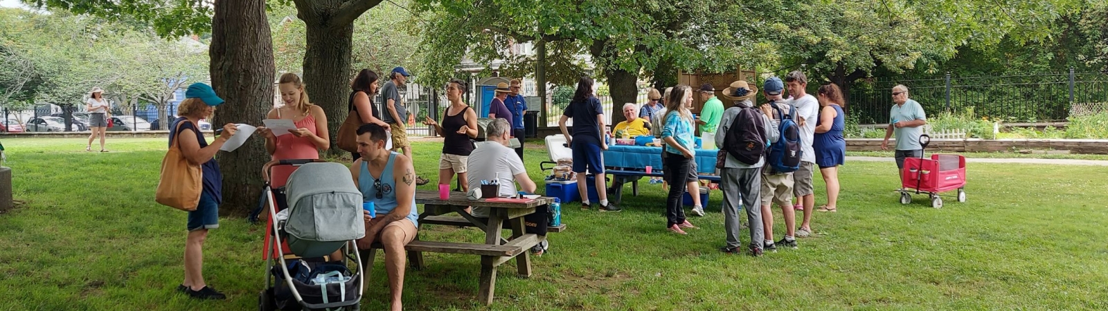 A group of community members gather around picnic tables in a park in the summer.