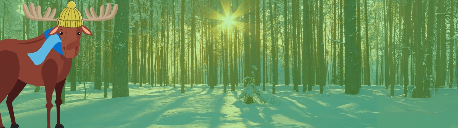 A snowy forest with a cartoon moose wearing a hat and scarf