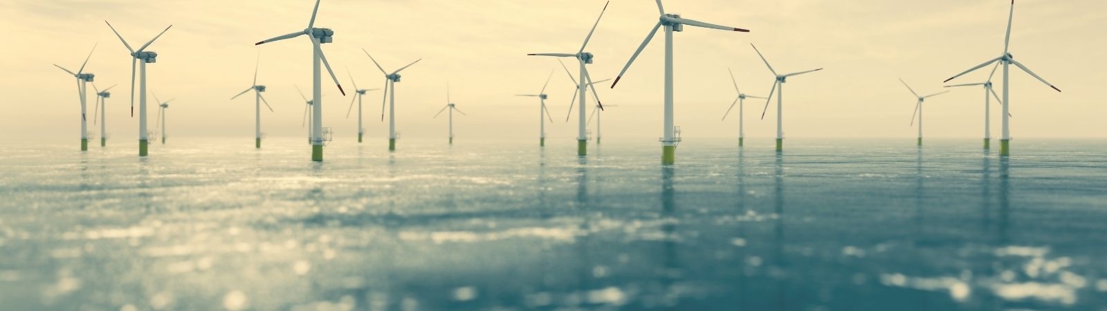 Offshore wind turbines with sun shining on the water