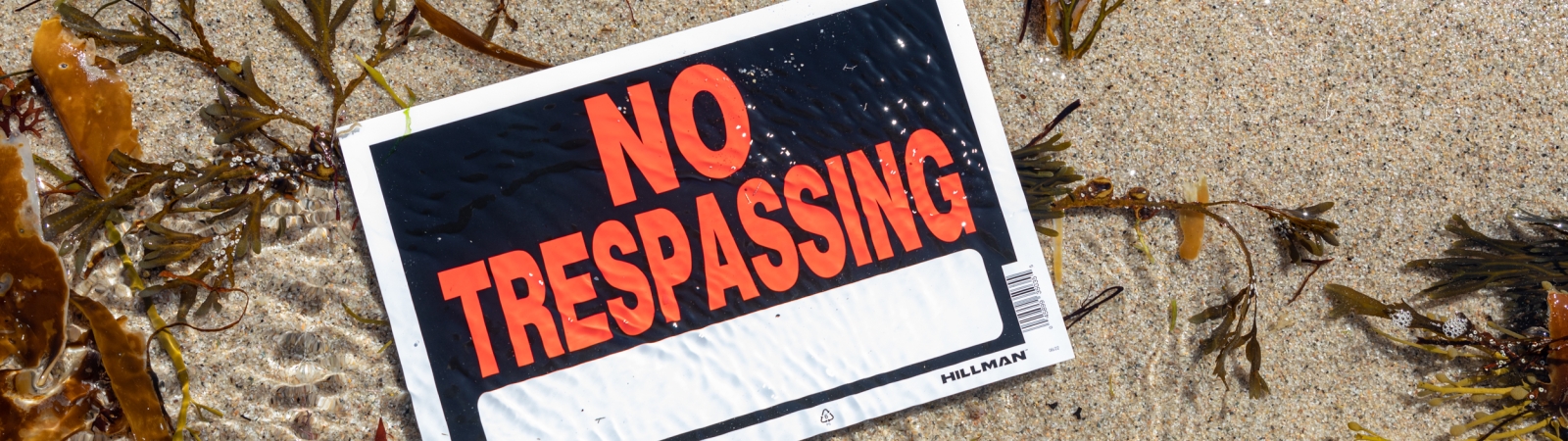 a no trespassing sign on the beach surrounded by seaweed