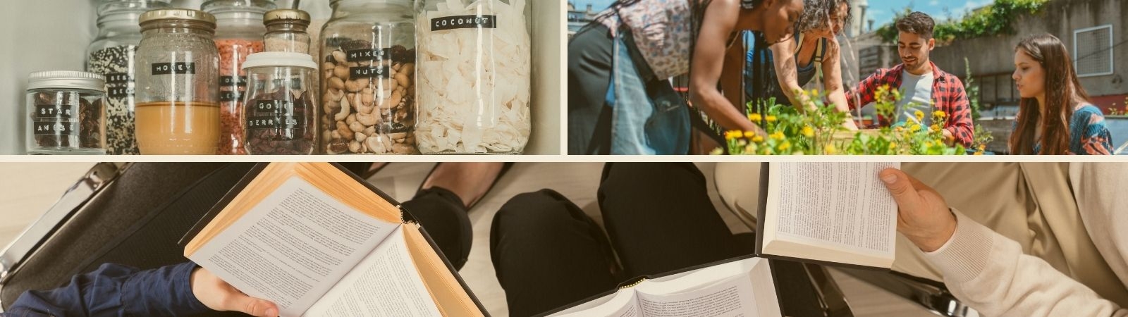 Grid showing a free food pantry, community garden and reading club