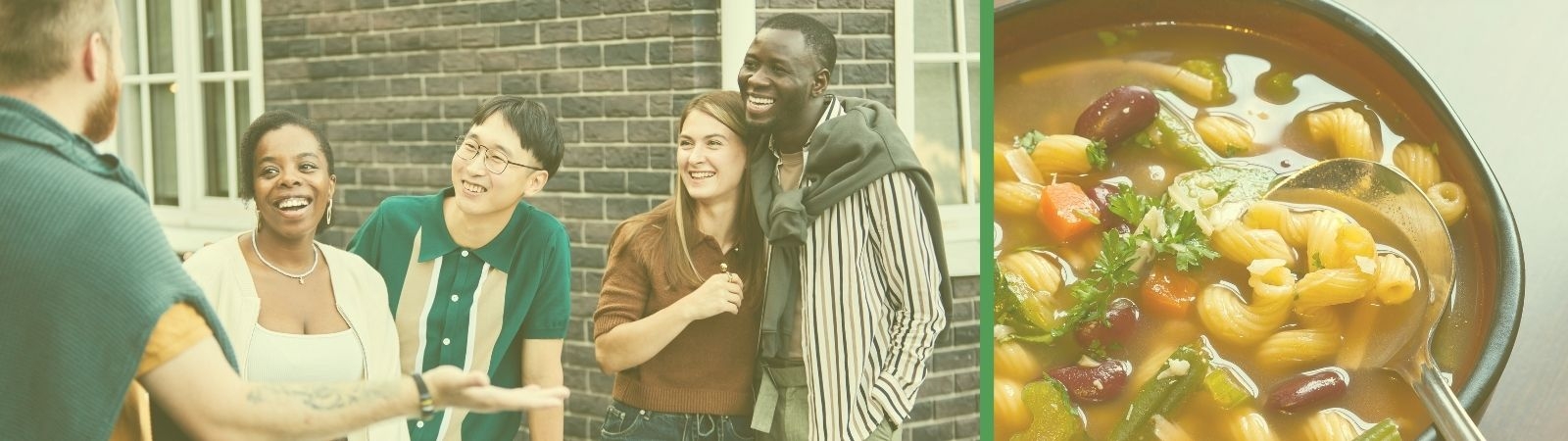 Neighbours having a friendly discussion next to a bowl of vegetable soup