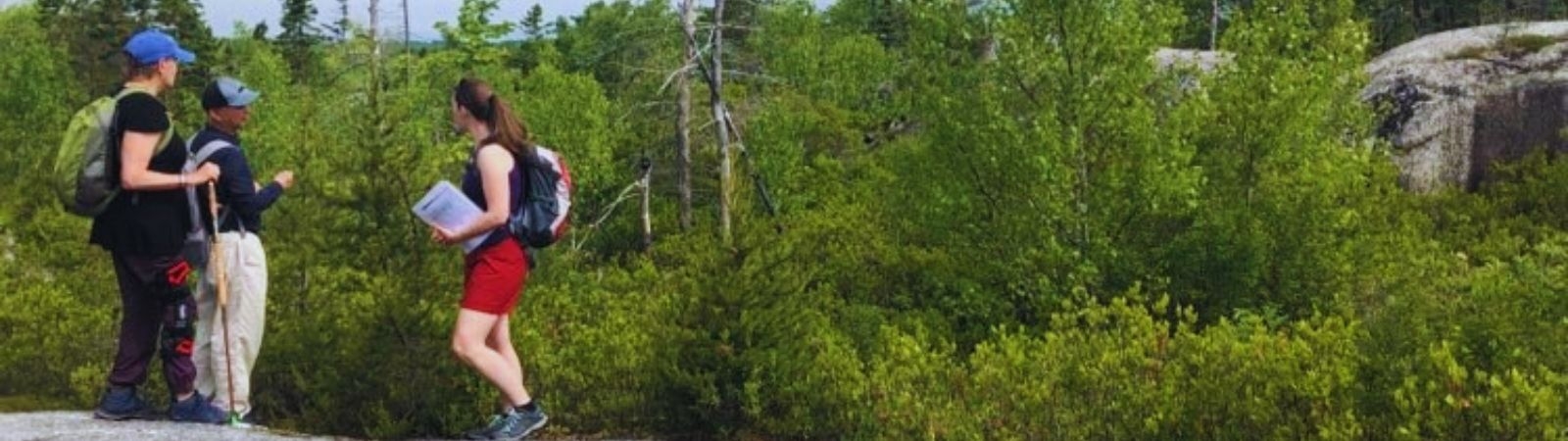 Three people pausing to talk while on a hike