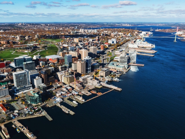 Ariel view of Halifax side and the Halifax harbour and the Macdonald Bridge.