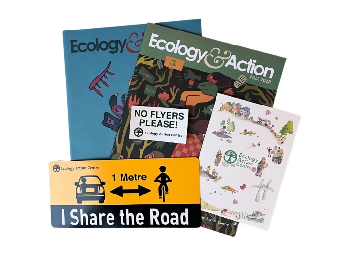 Gift membership contents: two Ecology & Action magazines, a No Flyers Please sticker, an I Share the Road car magnet and an EAC card