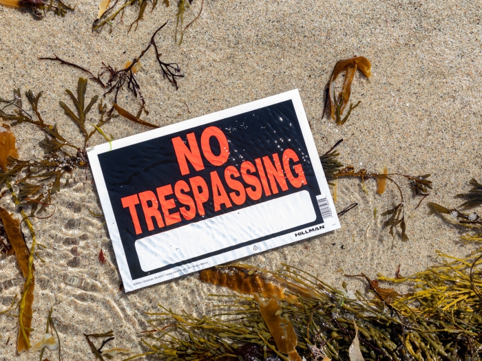 a no trespassing sign on the beach surrounded by seaweed