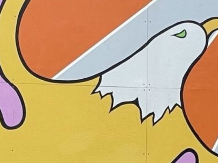 part of a mural of a soaring bird in a Mi'kmaw art style
