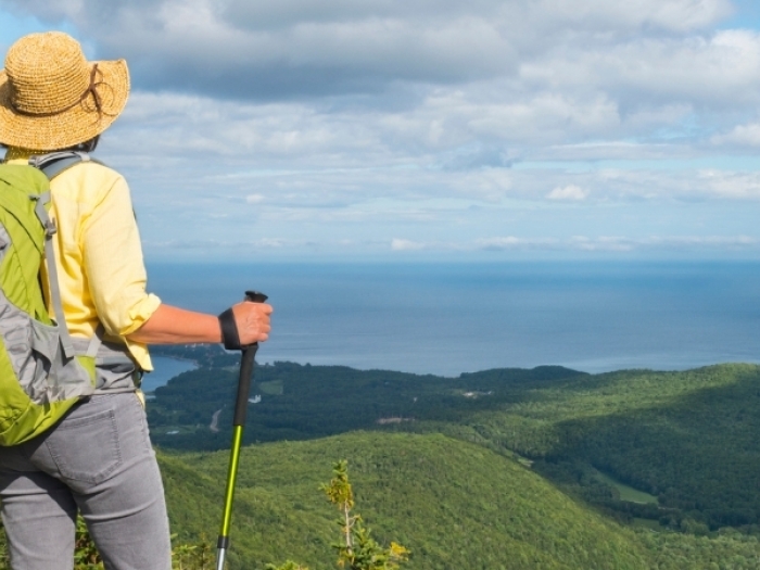 Person standing at the top of a mountain, looking out over a scenic view of trees and water